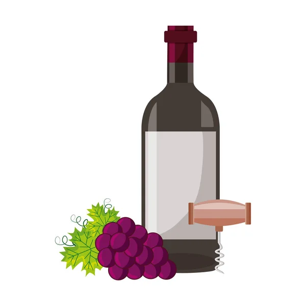 Botella de vino sacacorchos y uvas — Archivo Imágenes Vectoriales