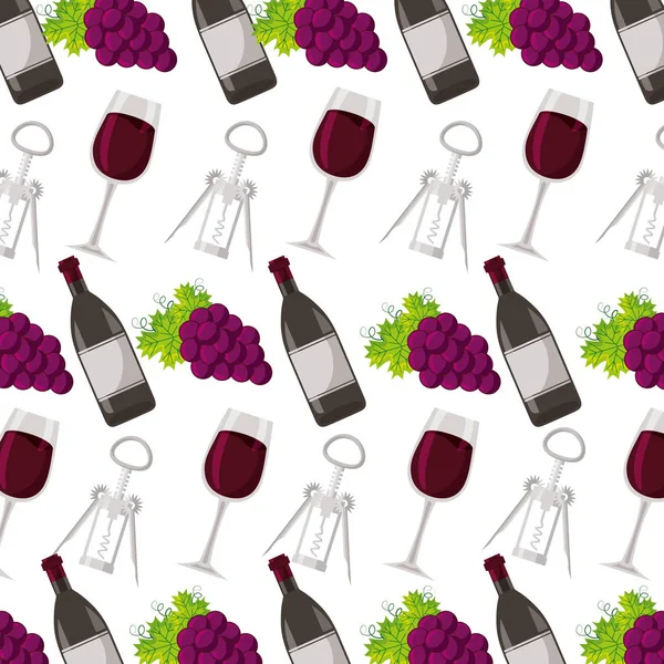 Fondo vino botella taza sacacorchos y uvas — Vector de stock
