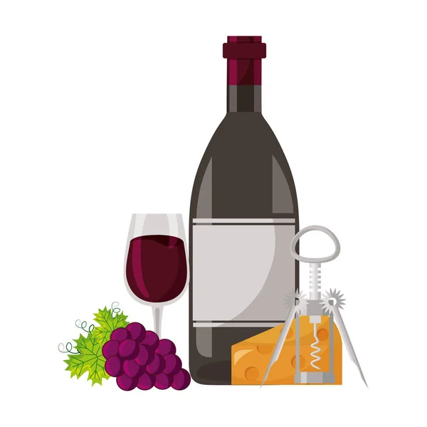 Bottiglia di vino tazza di uva formaggio e cavatappi — Vettoriale Stock