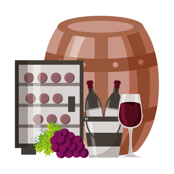Bottiglie di vino ghiaccio secchio frigorifero tazza e uva — Vettoriale Stock