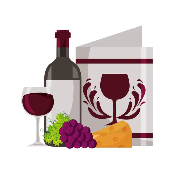 Bottiglia di vino ristorante menu formaggio uva tazza — Vettoriale Stock