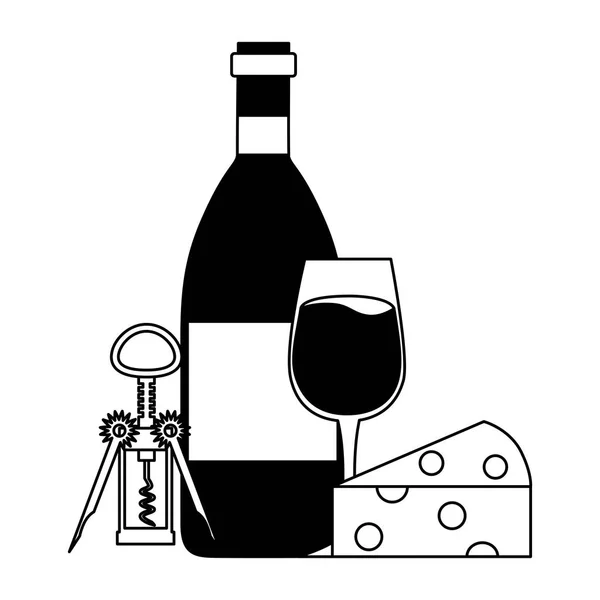 Botella de vino taza de queso y sacacorchos — Vector de stock