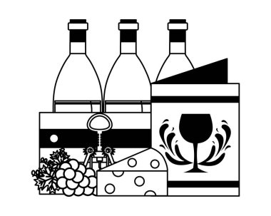 şarap şişeleri ahşap sepet menü peynir üzüm tirbuşon