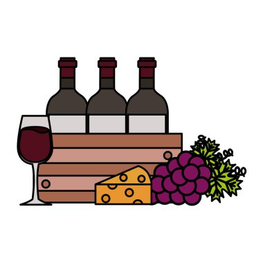 sepet üzüm peynir ve cam bardak şarap şişesinde