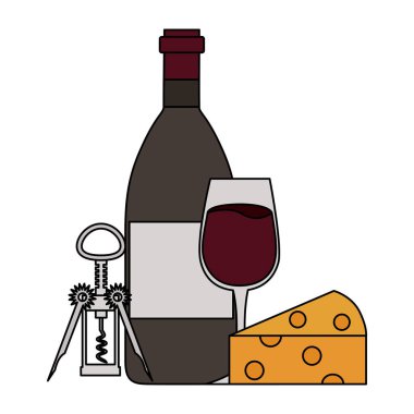 şarap şişesi bardak peynir ve tirbuşon