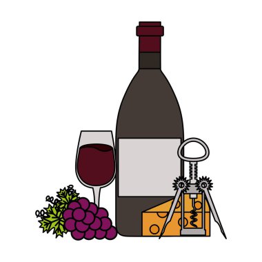 şarap şişesi Kupası üzüm peynir ve tirbuşon