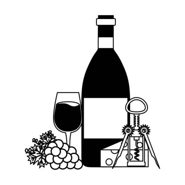 şarap şişesi Kupası üzüm peynir ve tirbuşon