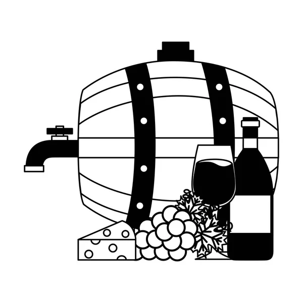 酒木桶和瓶杯葡萄 — 图库矢量图片