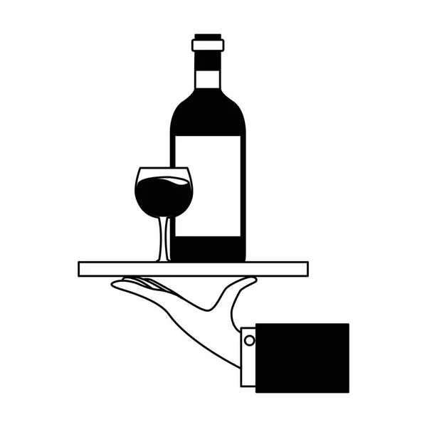 Hand with tray with bottle cup wine — Stock Vector