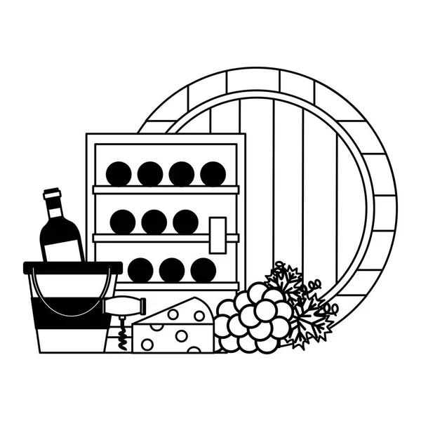 Ψυγείο κρασιού μπουκάλια βαρέλι κουβά τυρί σταφύλια — Διανυσματικό Αρχείο