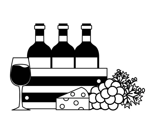 Garrafa de vinho na cesta de queijo de uvas e copo de vidro — Vetor de Stock