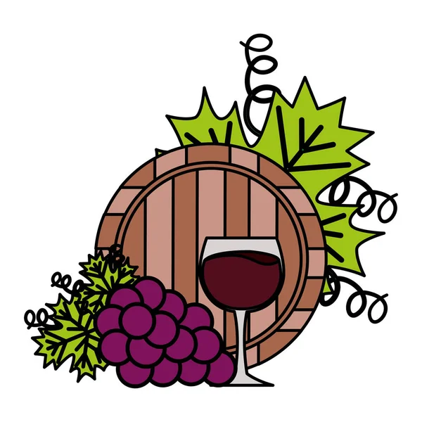 Copa de vino barril y uvas — Vector de stock