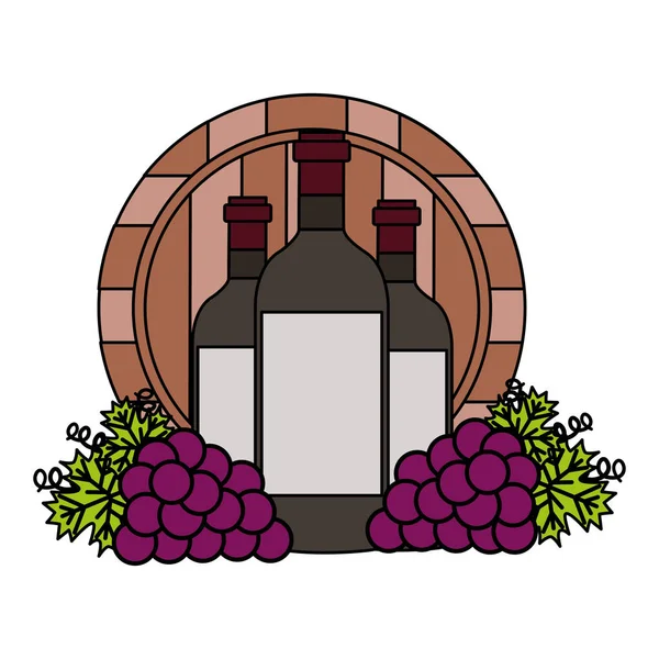 Botellas de vino y uvas de barril — Vector de stock