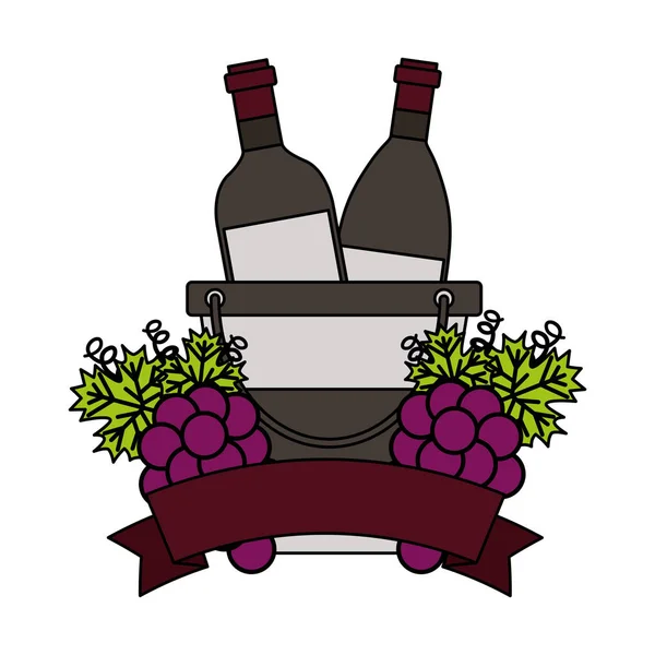 Garrafas de vinho balde de gelo uvas fruta — Vetor de Stock