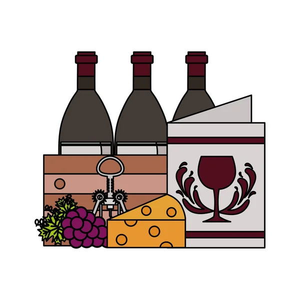 Μπουκάλι κρασί φλιτζάνι σταφύλια και τυρί — Διανυσματικό Αρχείο