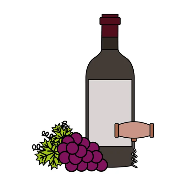 Винная бутылка штопор и виноград — стоковый вектор