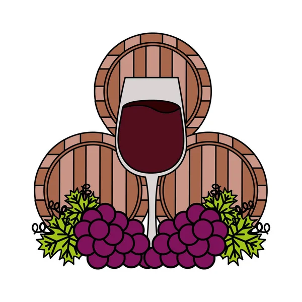 Wein Holzfässer Tasse und Trauben — Stockvektor