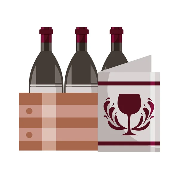 Wine bottles on basket and restaurant menu — Stock Vector