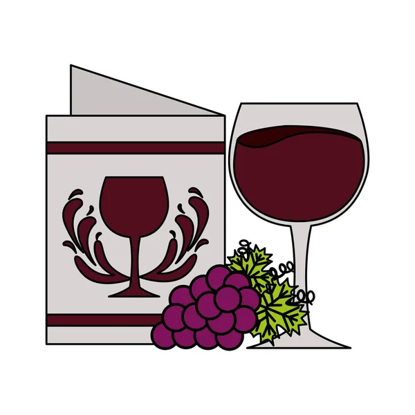Xícara de vinho uvas e menu de restaurante — Vetor de Stock