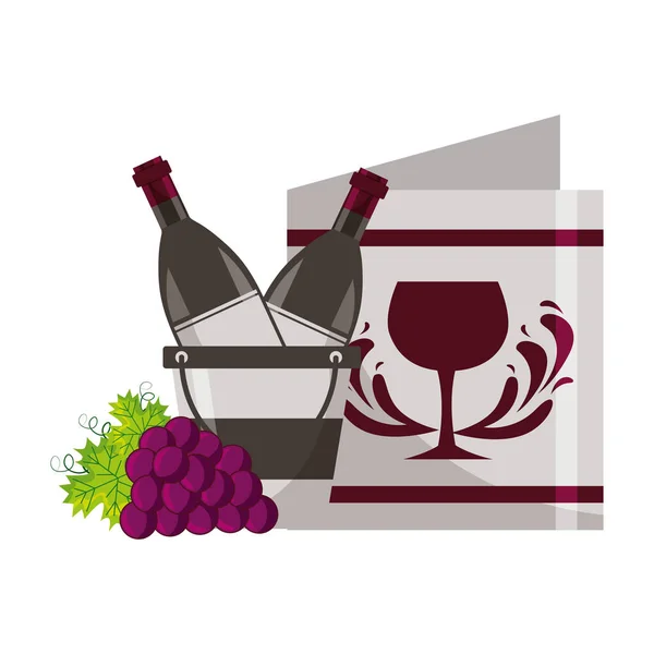 Wine bottle ice bucket restaurant menu and grapes — Stock Vector