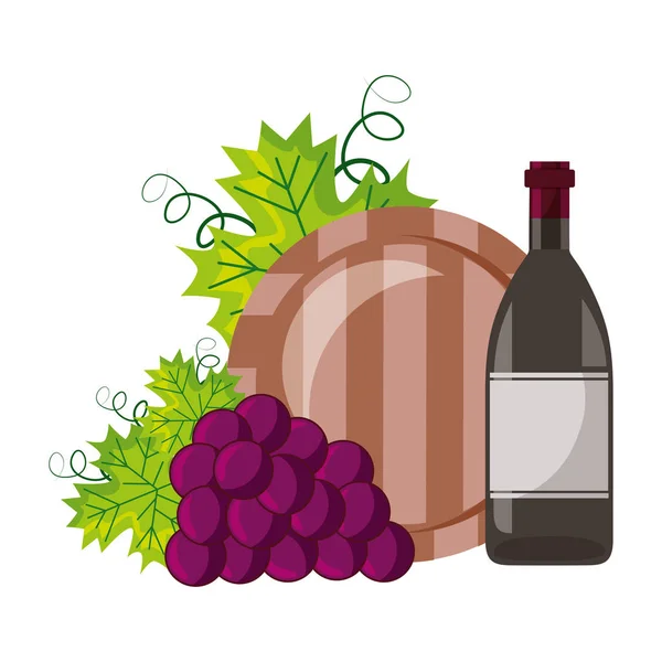 Uvas de garrafa de vinho e barril — Vetor de Stock