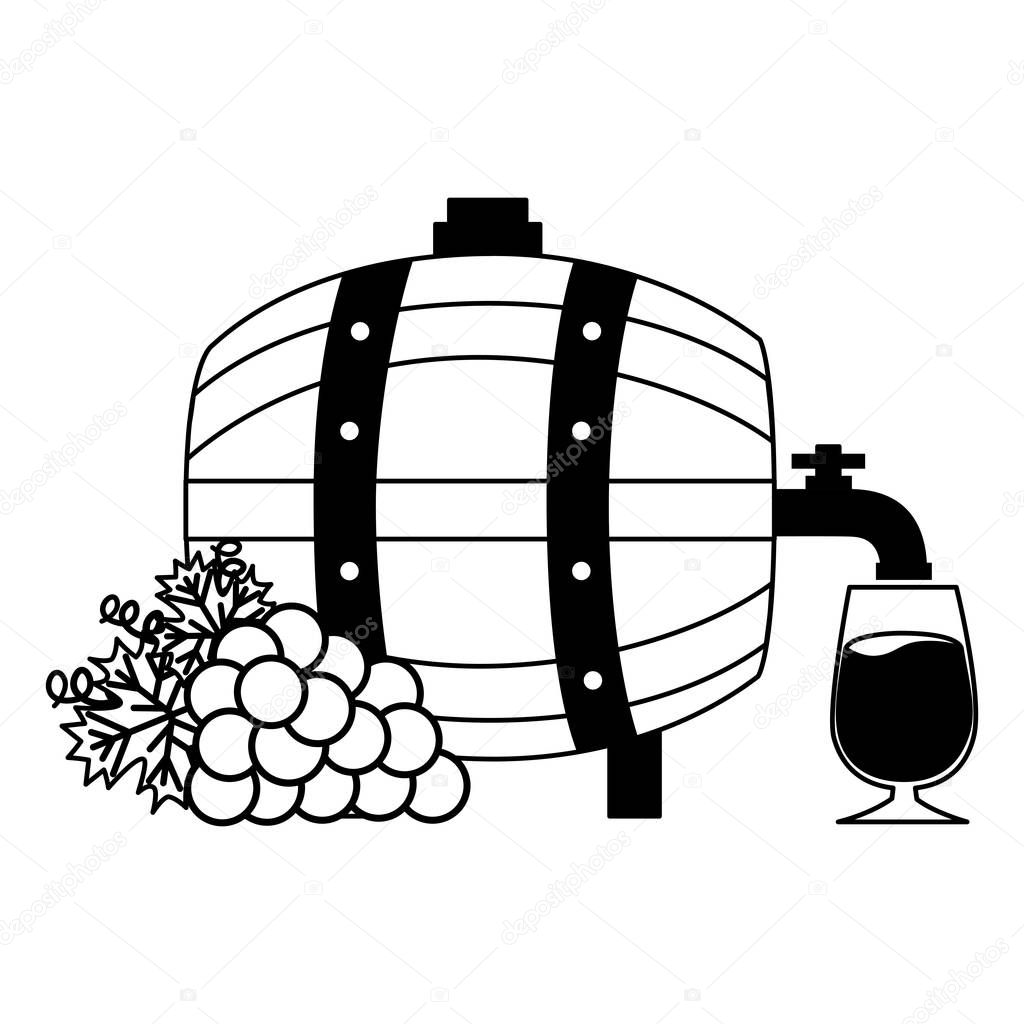 wine wooden barrel cup and grapes