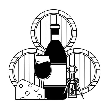 şarap şişesi bardak peynir tirbuşon ve varil