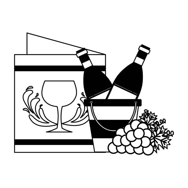 Bouteille de vin seau à glace menu restaurant et raisins — Image vectorielle