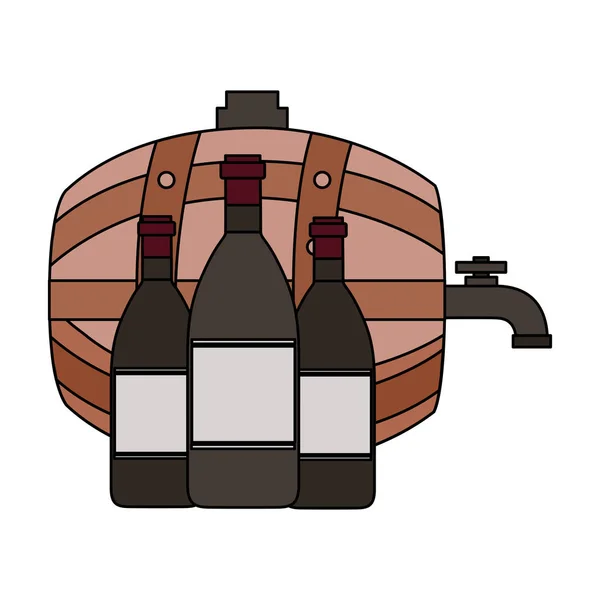 Tonneau de vin et trois bouteilles — Image vectorielle