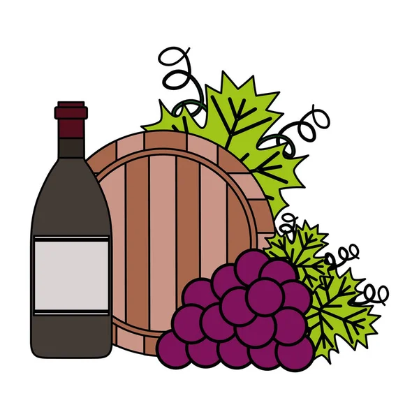 Vino botella de uvas y barril — Vector de stock