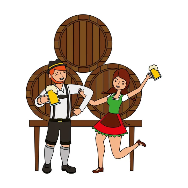 Homem e mulher bávaros com barris de cerveja —  Vetores de Stock