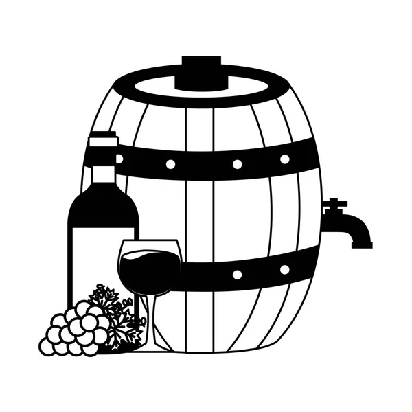 Wine bottle cup grapes barrel — Stock Vector