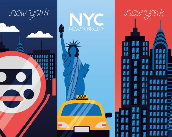 New York City Standbeeld Van Vrijheid Taxi Verrekijker Banners Vector — Stockvector