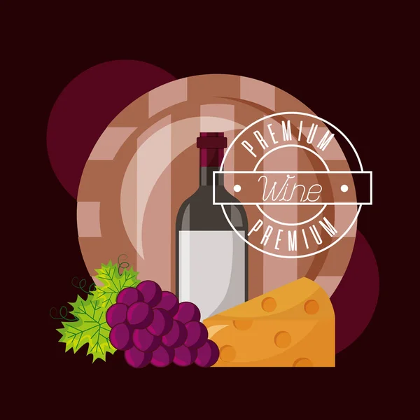 Wine bottle barrel cheese and fresh grapes — Stock Vector