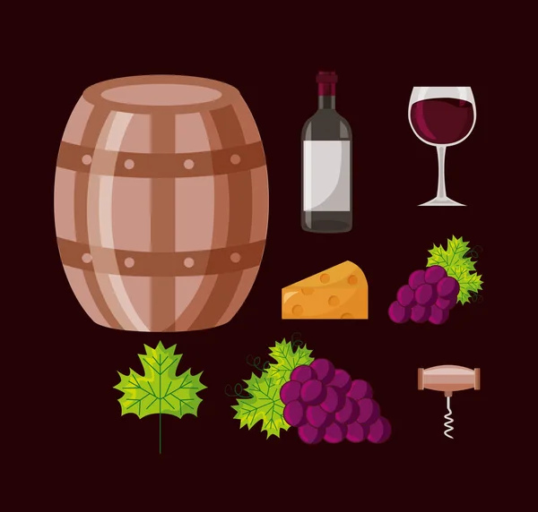 Bottiglia di vino raccolta uva botte — Vettoriale Stock