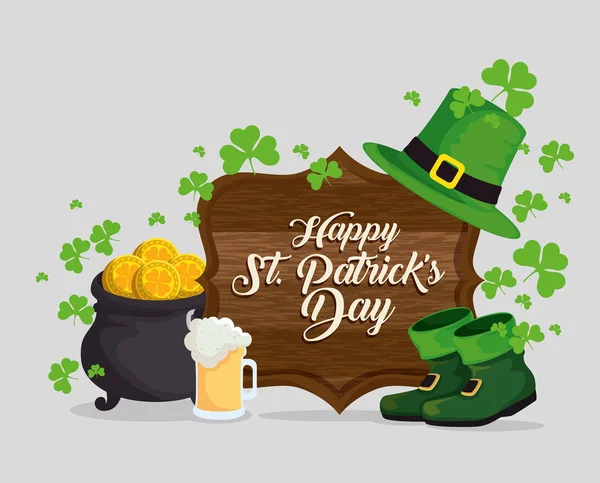 St patrick célébration avec emblème en bois et trèfles — Image vectorielle