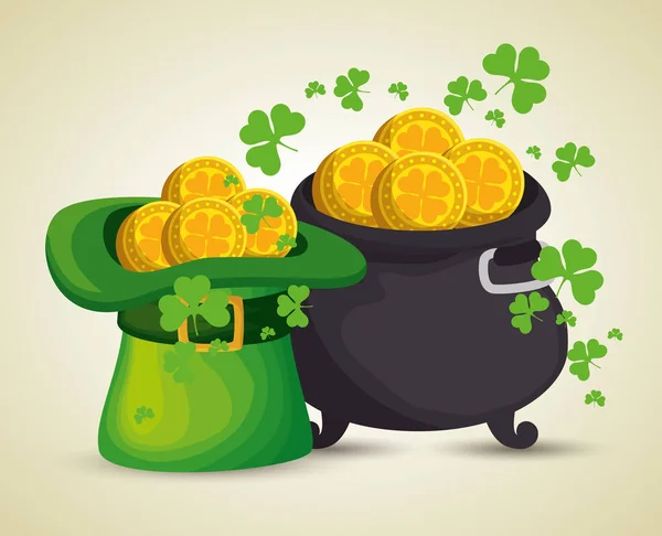 St patrick chapeau et chaudron avec des pièces d'or — Image vectorielle