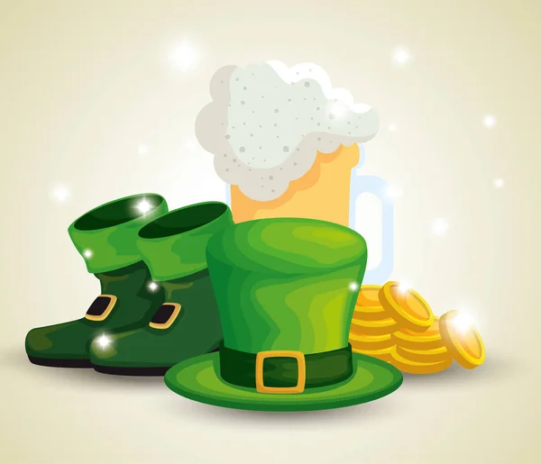 Botas st patrick e chapéu com copo de cerveja e moedas — Vetor de Stock