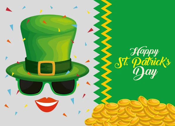 St patrick kartı altın sikke ve sunglass ile şapka ile — Stok Vektör