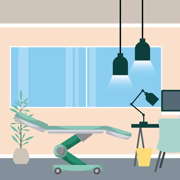 医療室ベッド デスク ランプ ゴミ箱ができ 鉢植えの植物のベクトル図 — ストックベクタ
