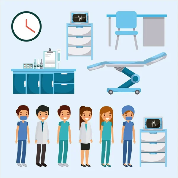 Doktor tıbbi insanlar sağlık ekipmanları mobilya — Stok Vektör