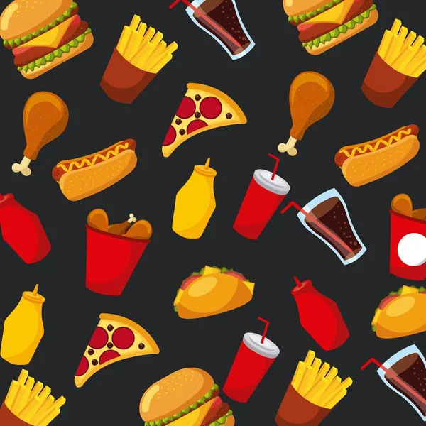 Fast food pizza hot dog soda molho sem costura padrão —  Vetores de Stock