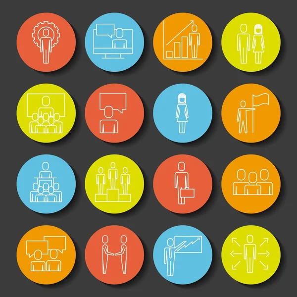 Gente de negocios icono de trabajo en equipo conjunto en línea delgada iconos de color estilo — Vector de stock