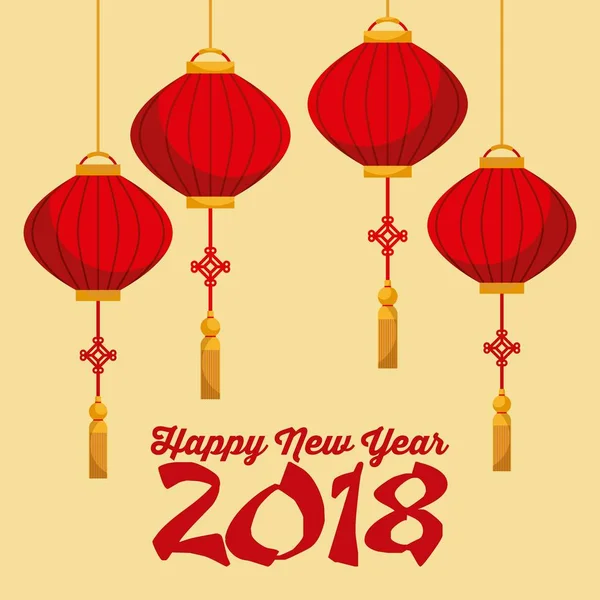 Frohes neues Jahr 2018 chinesische Kalenderkarte mit Laternen hängen — Stockvektor