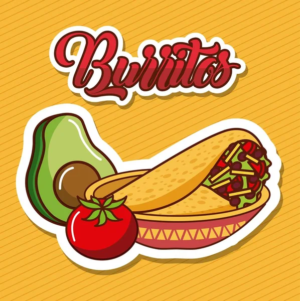 Burritos in bowl avocado and tomato mexican food — Stock Vector