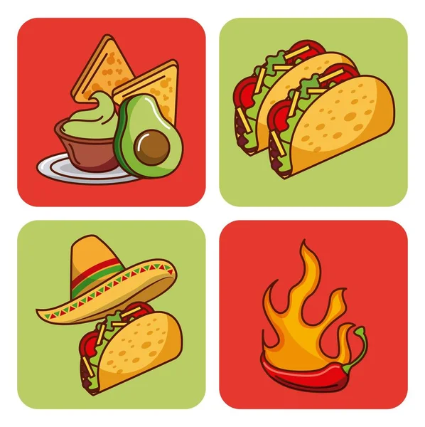 Mexicaans eten set pictogrammen menu ingrediënten pittige — Stockvector