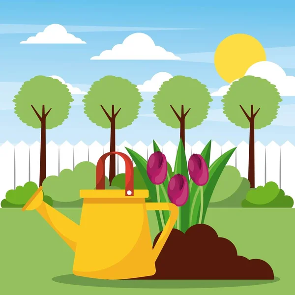 Watering planting flowers and filed tree sun clouds — Stock Vector