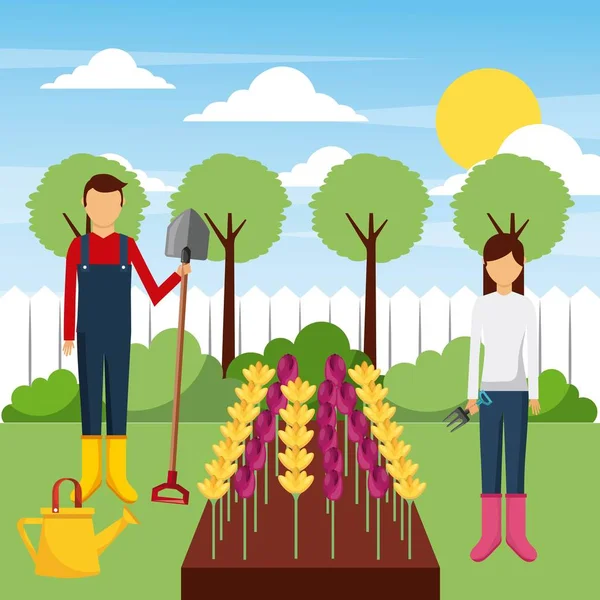 园丁工作领域与花卉工具树 — 图库矢量图片