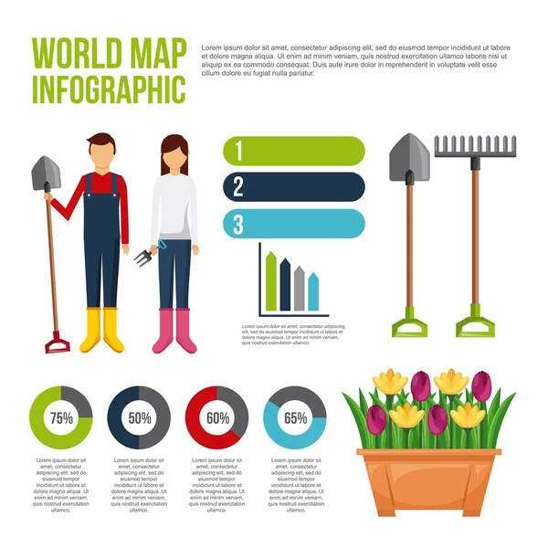 Dünya harita infografic bahçıvanlar insanlar çiçek Araçlar — Stok Vektör