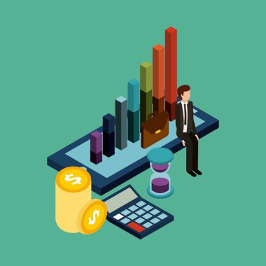 işadamı para zaman grafik ekran izometrik üzerinde mali ile mobil
